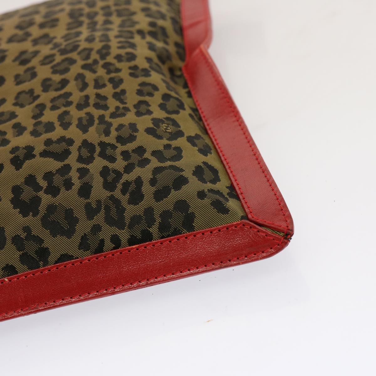 FENDI Leopard Clutch Bag Nylon Leather Red Brown Auth bs13085