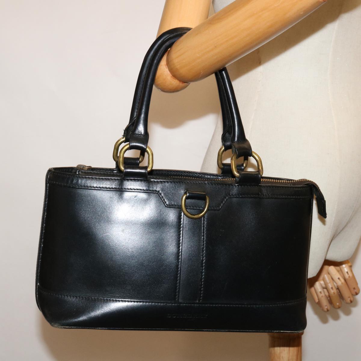 BURBERRY Hand Bag Leather Black Auth bs13097