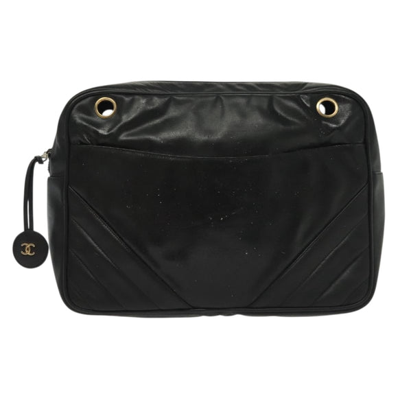 CHANEL Matelasse Chain Shoulder Bag Leather Black CC Auth bs13119