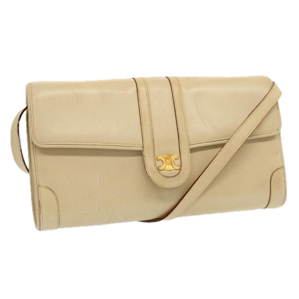 CELINE Shoulder Bag Leather Beige Auth bs13191