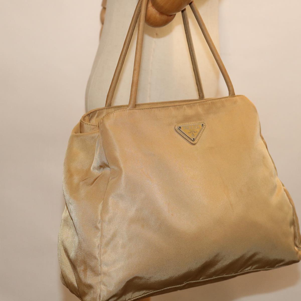 PRADA Hand Bag Nylon Beige Auth bs13209