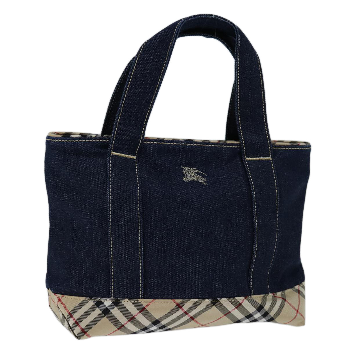 BURBERRY Nova Check Blue Label Hand Bag Denim Navy Beige Auth bs13210