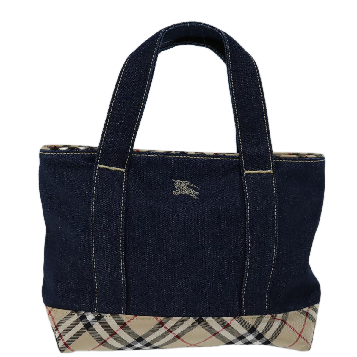 BURBERRY Nova Check Blue Label Hand Bag Denim Navy Beige Auth bs13210 - 0