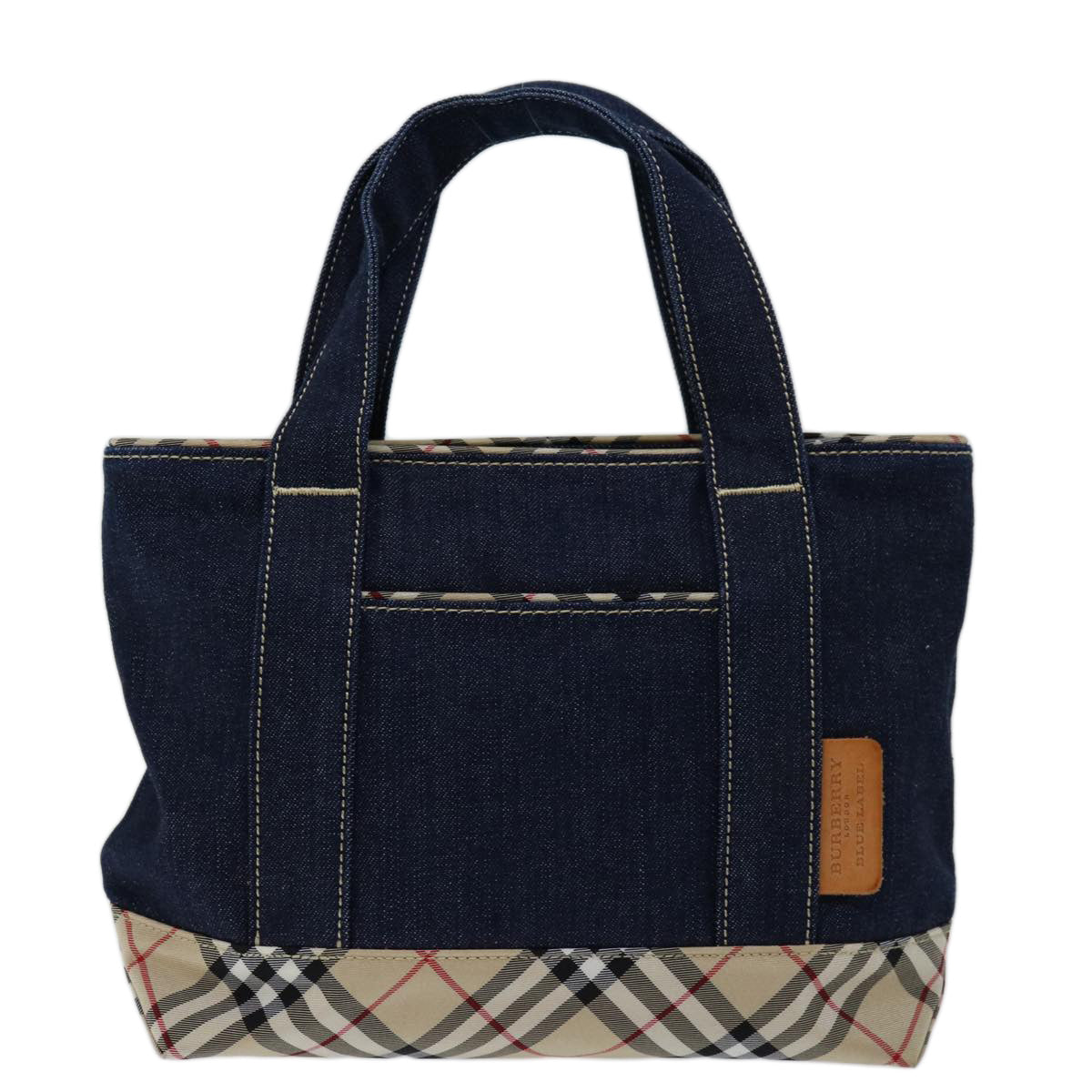 BURBERRY Nova Check Blue Label Hand Bag Denim Navy Beige Auth bs13210