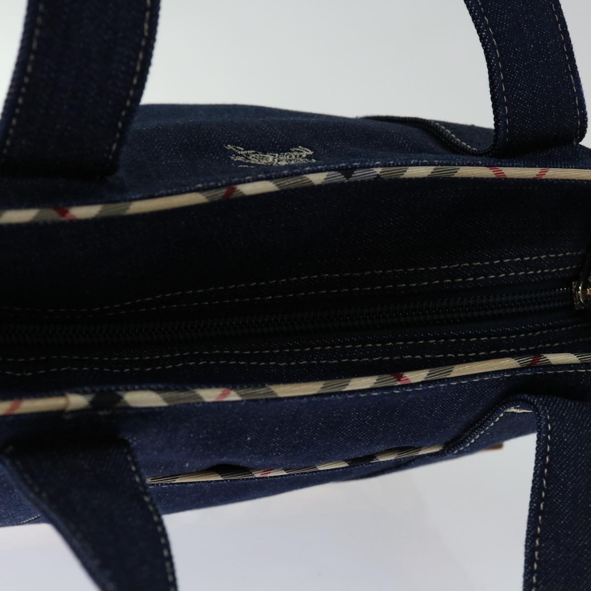 BURBERRY Nova Check Blue Label Hand Bag Denim Navy Beige Auth bs13210