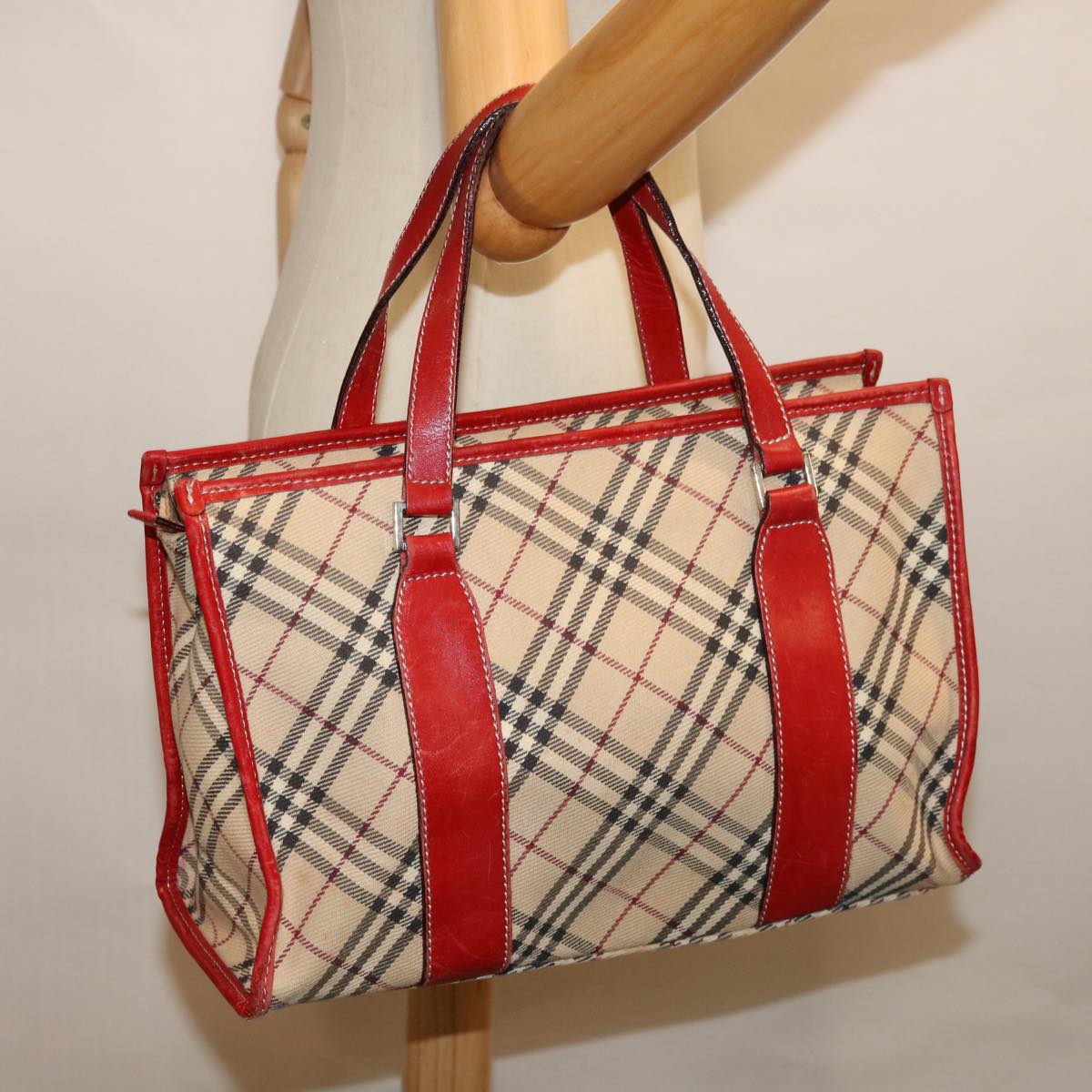 BURBERRY Nova Check Blue Label Hand Bag Canvas Beige Auth bs13225