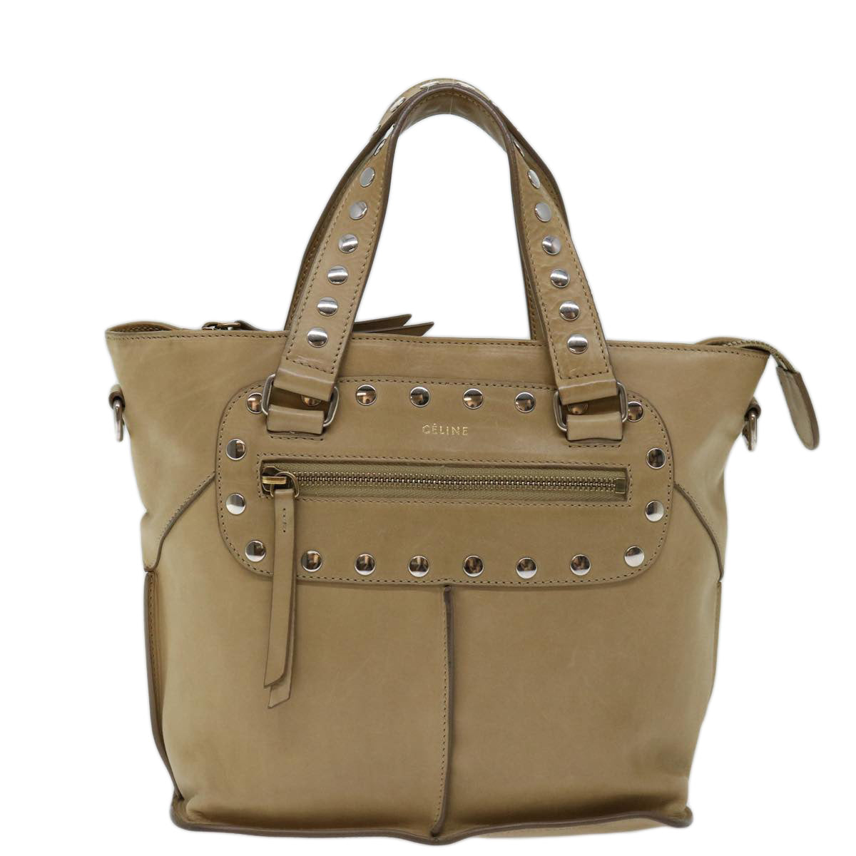 CELINE Hand Bag Leather Beige Auth bs13273