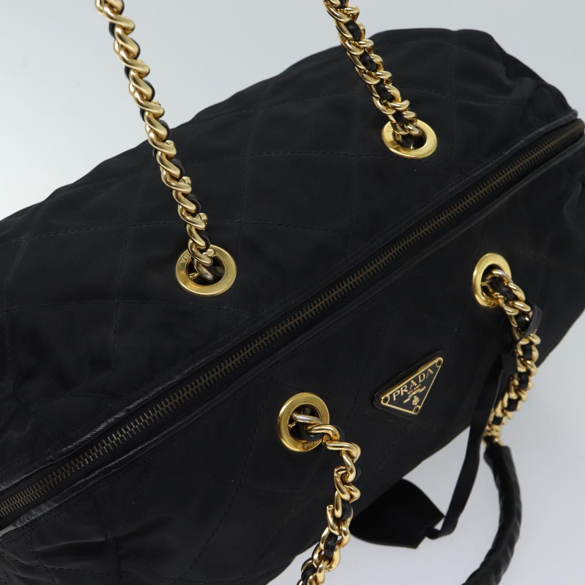 PRADA Quilted Chain Hand Bag Nylon Black Auth bs13293