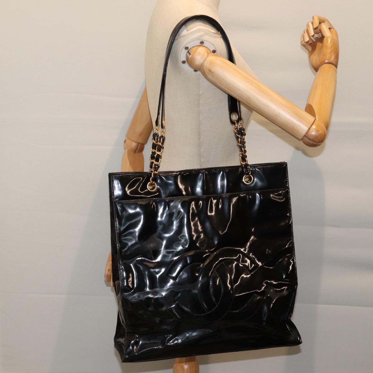 CHANEL COCO Mark Chain Shoulder Bag Patent Black CC Auth bs13327