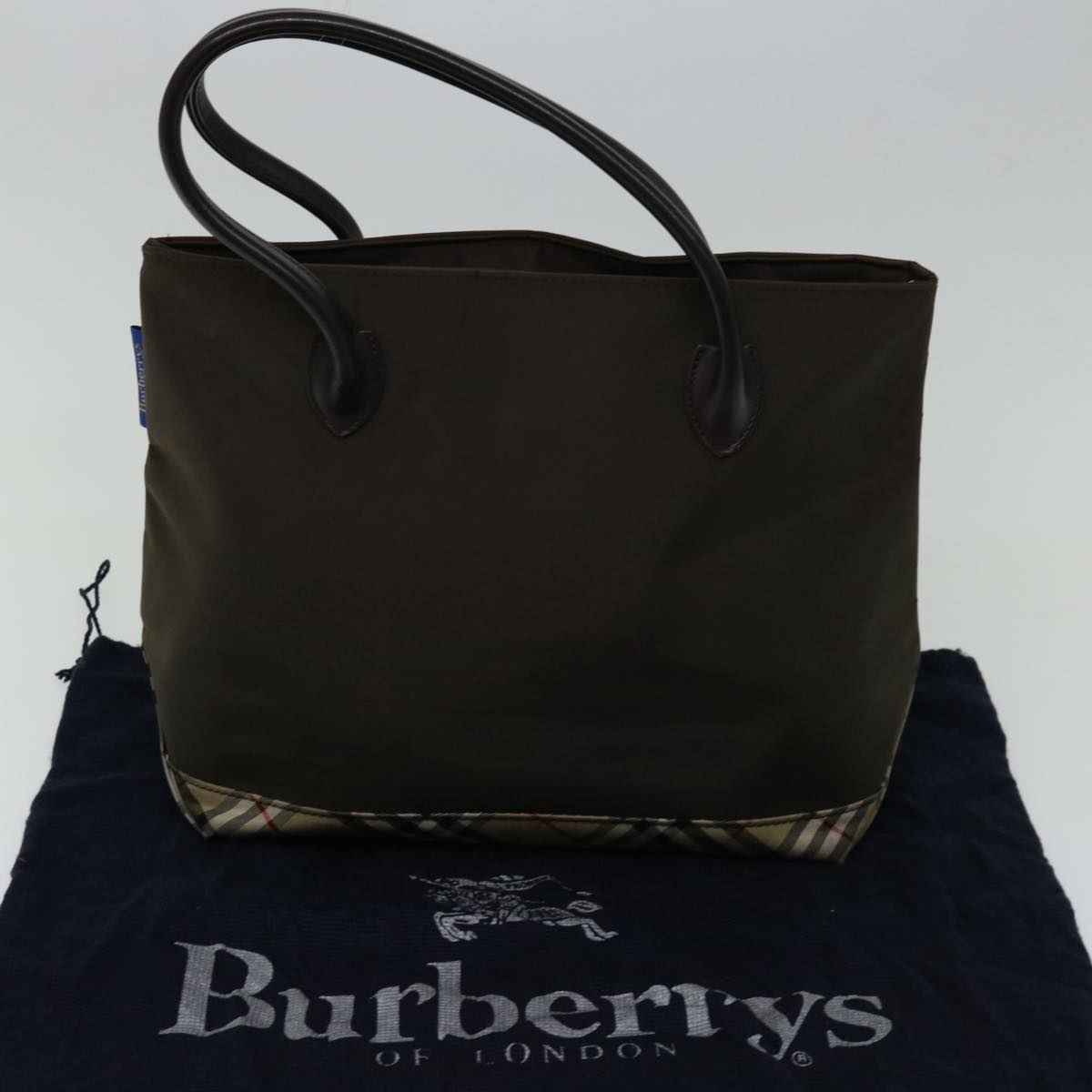 Burberrys Nova Check Blue Label Hand Bag Nylon Brown Auth bs13354