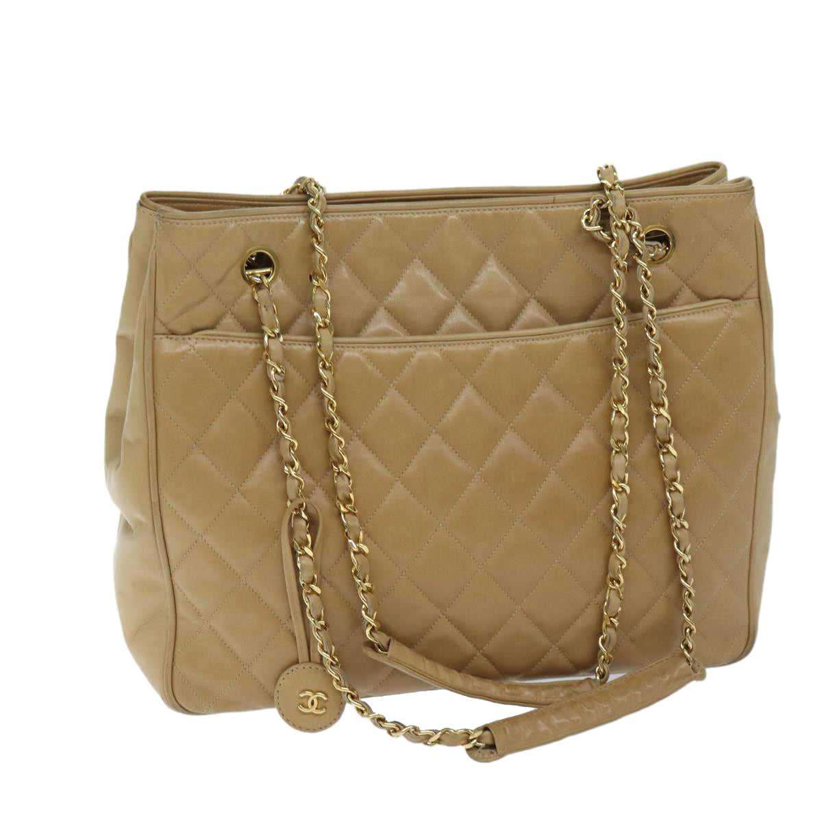 CHANEL Matelasse Chain Shoulder Bag Leather Beige CC Auth bs13359
