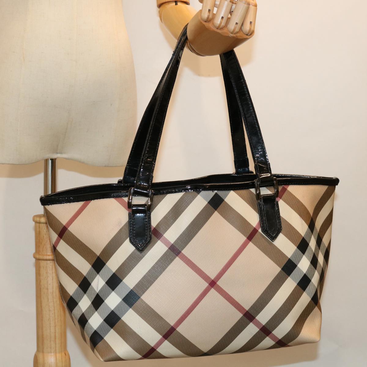 BURBERRY Nova Check Tote Bag Coated Canvas Beige Auth bs13371