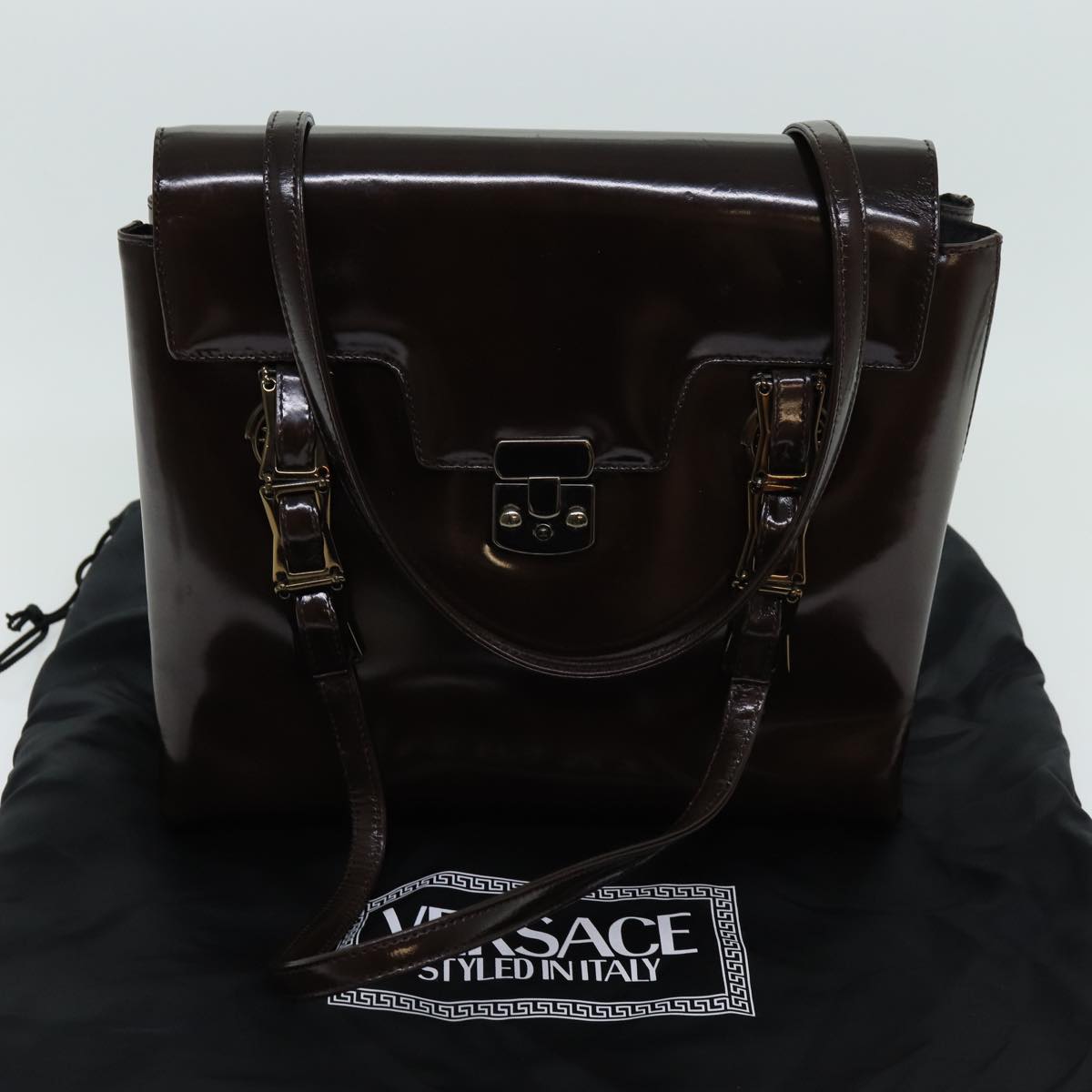 VERSACE Shoulder Bag Enamel Brown Auth bs13376