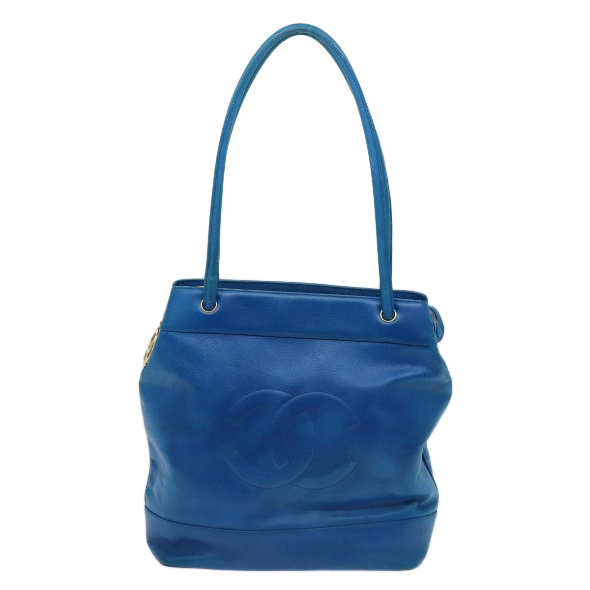 CHANEL Tote Bag Caviar Skin Blue CC Auth bs13378