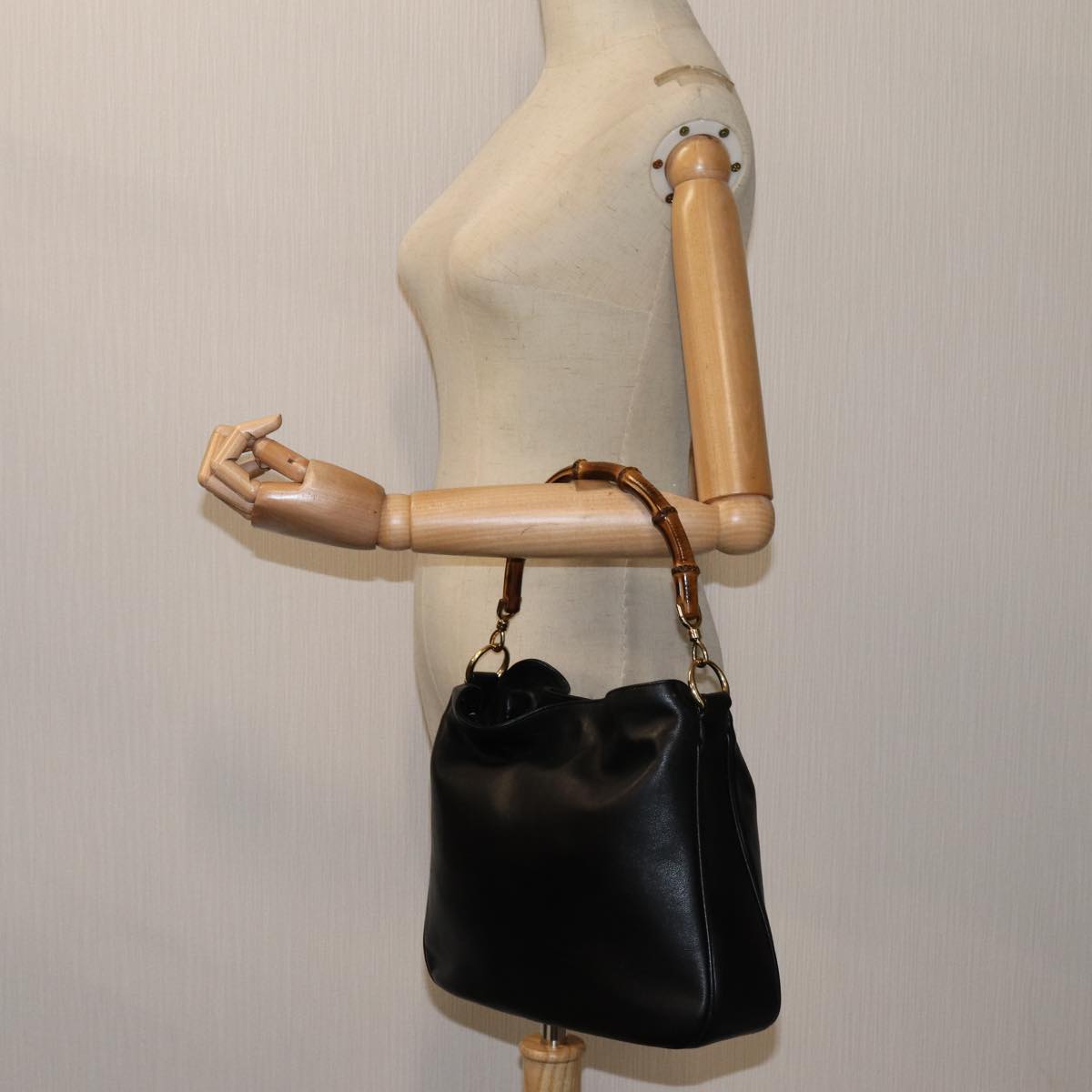 GUCCI Bamboo Shoulder Bag Leather 2way Black 001 1998 1638 Auth bs13384