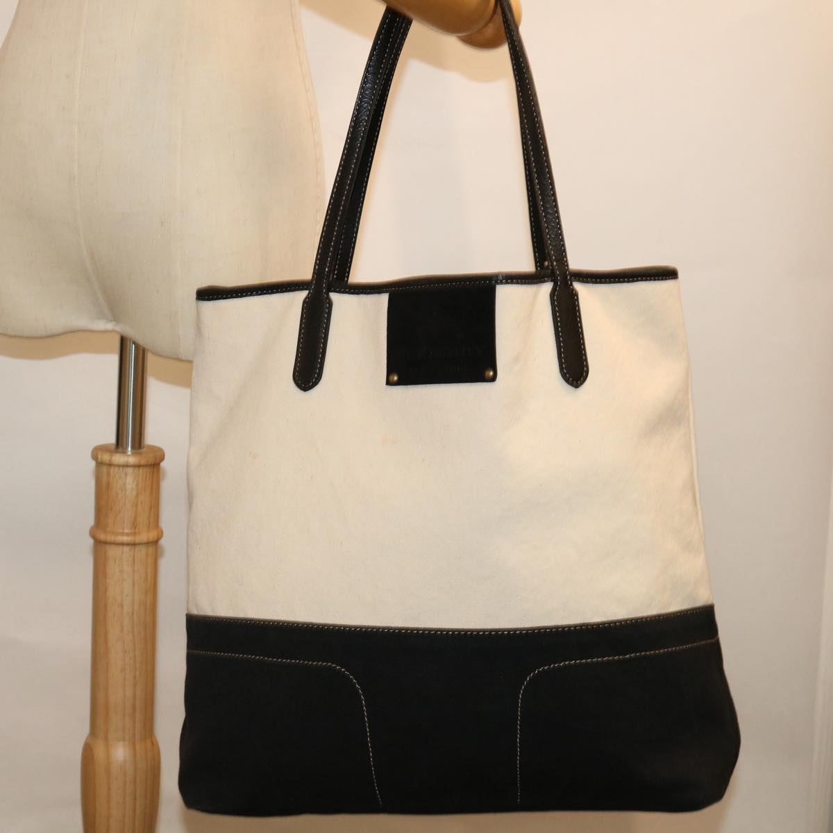 BURBERRY Blue Label Tote Bag Canvas White Black Auth bs13449