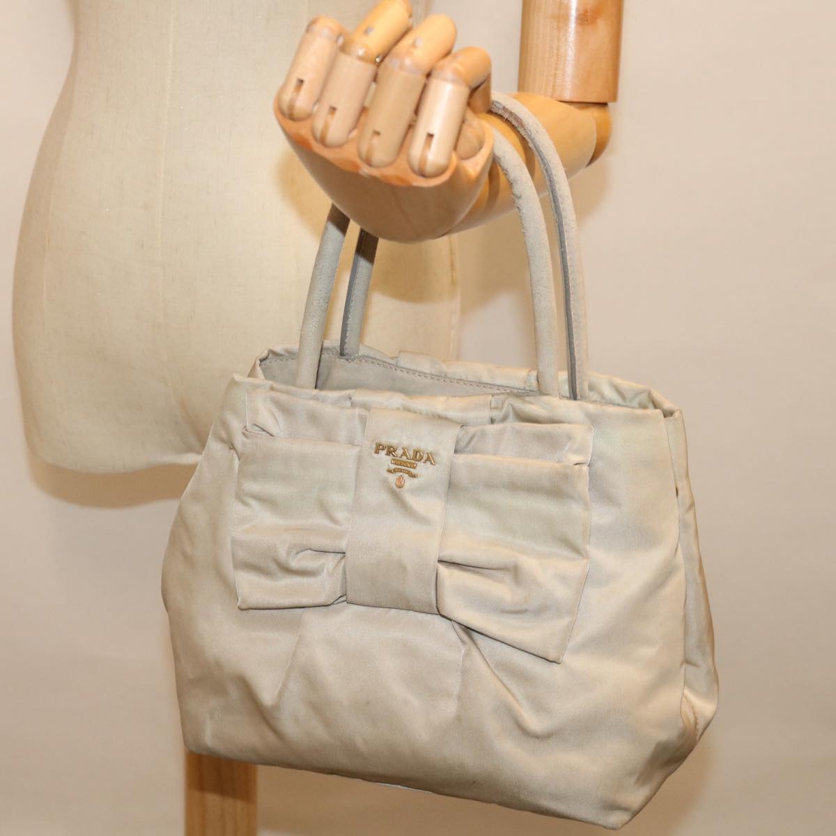 PRADA Hand Bag Nylon Beige Auth bs13455