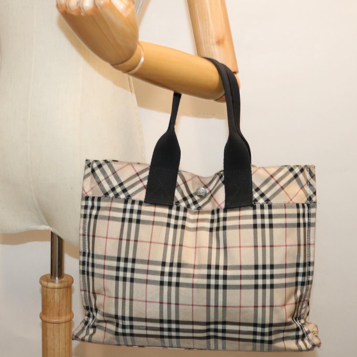 BURBERRY Nova Check Blue Label Hand Bag Nylon Beige Auth bs13466