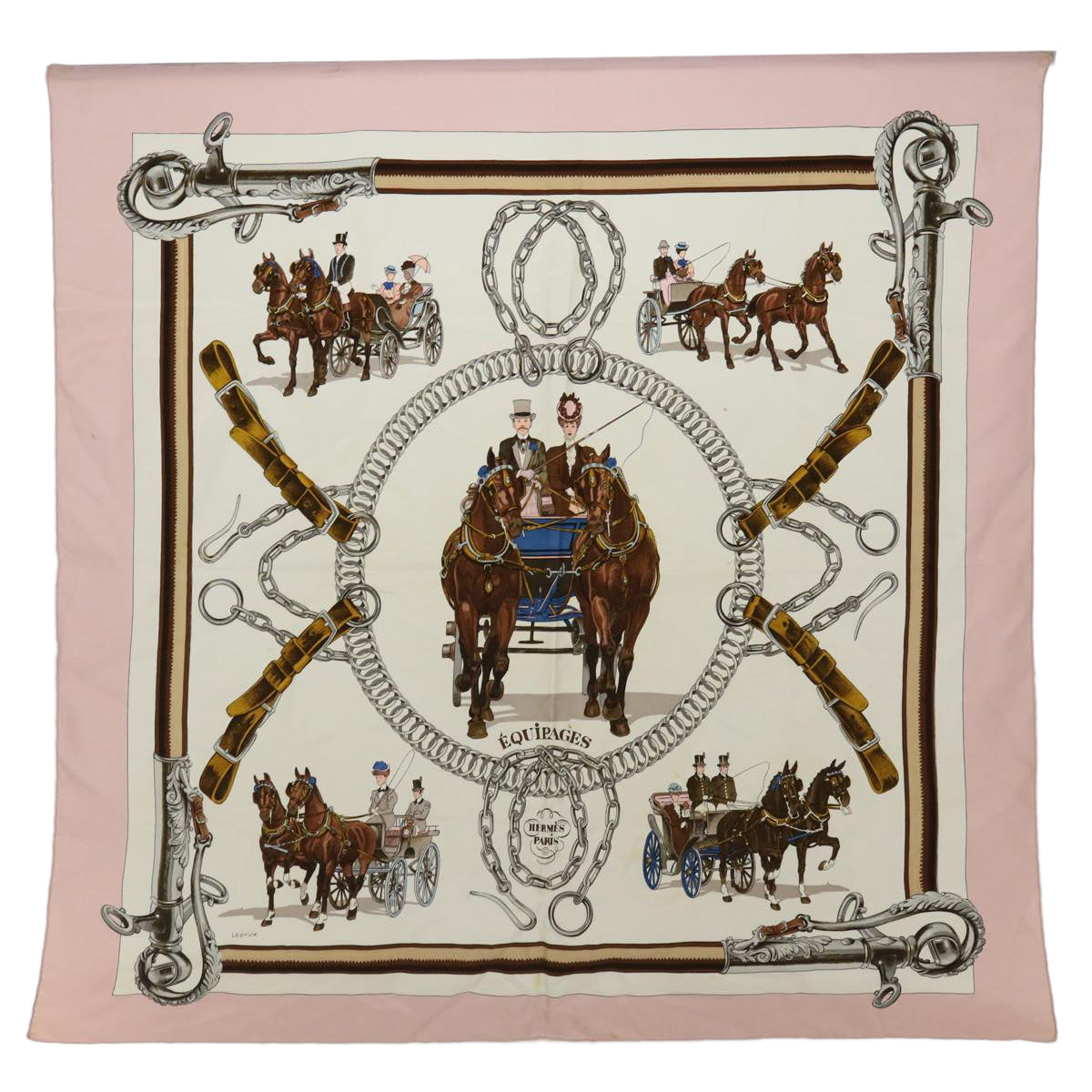 HERMES Carre 90 EQUiPAGES Scarf Silk Pink Auth bs13484