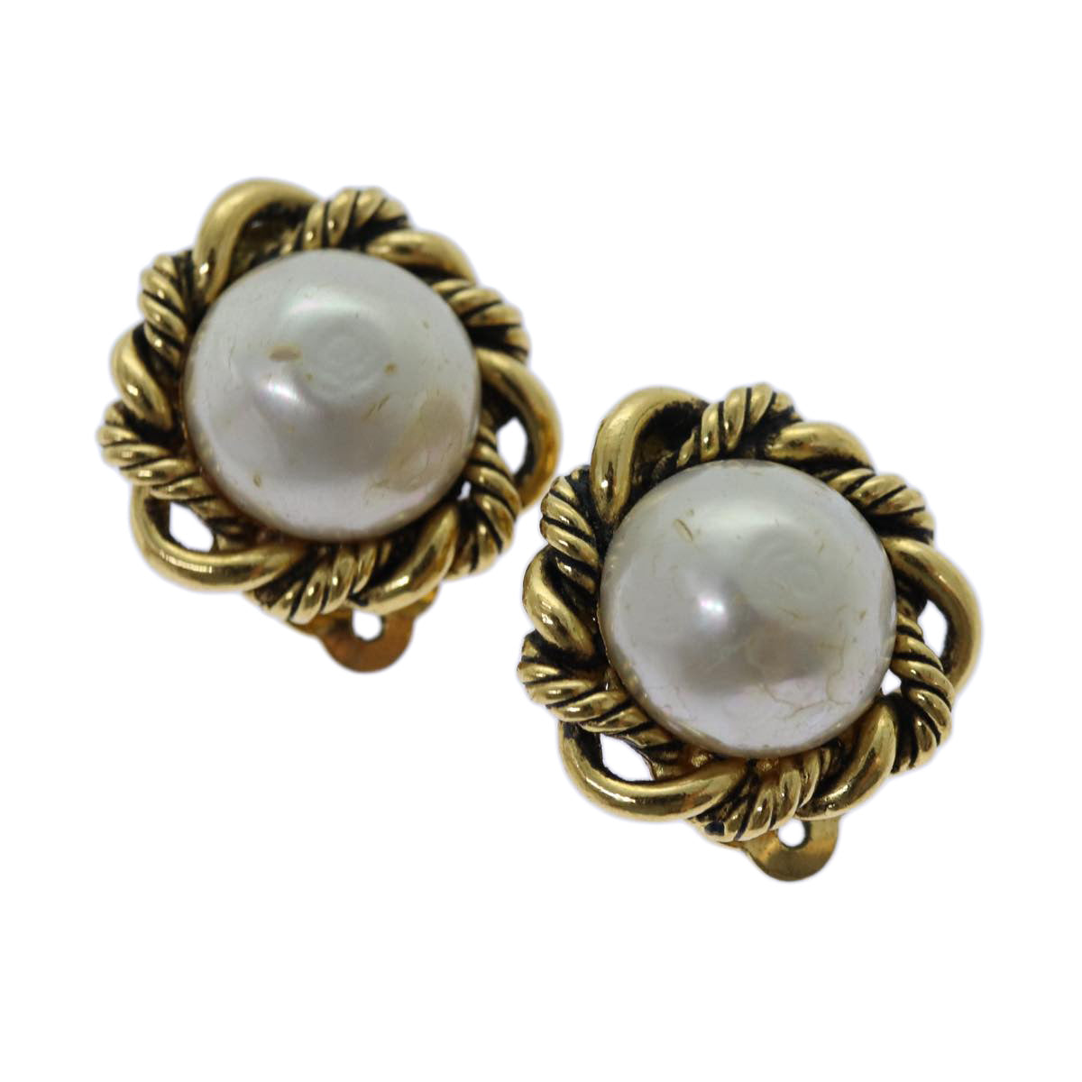 CHANEL Pearl Earring metal Gold CC Auth bs13495