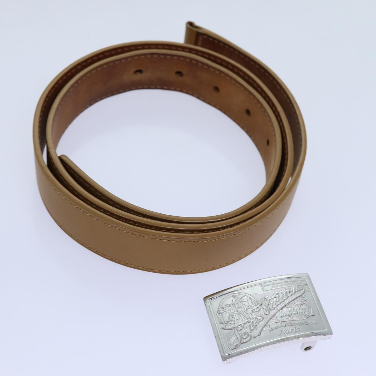 LOUIS VUITTON Belt Leather 95/38 Beige LV Auth bs13504