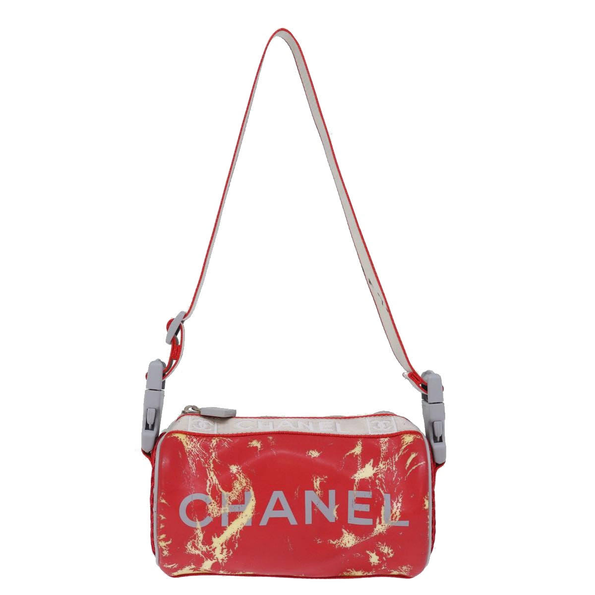 CHANEL Mini Drum Shoulder Bag Patent leather Red Navy CC Auth bs13507