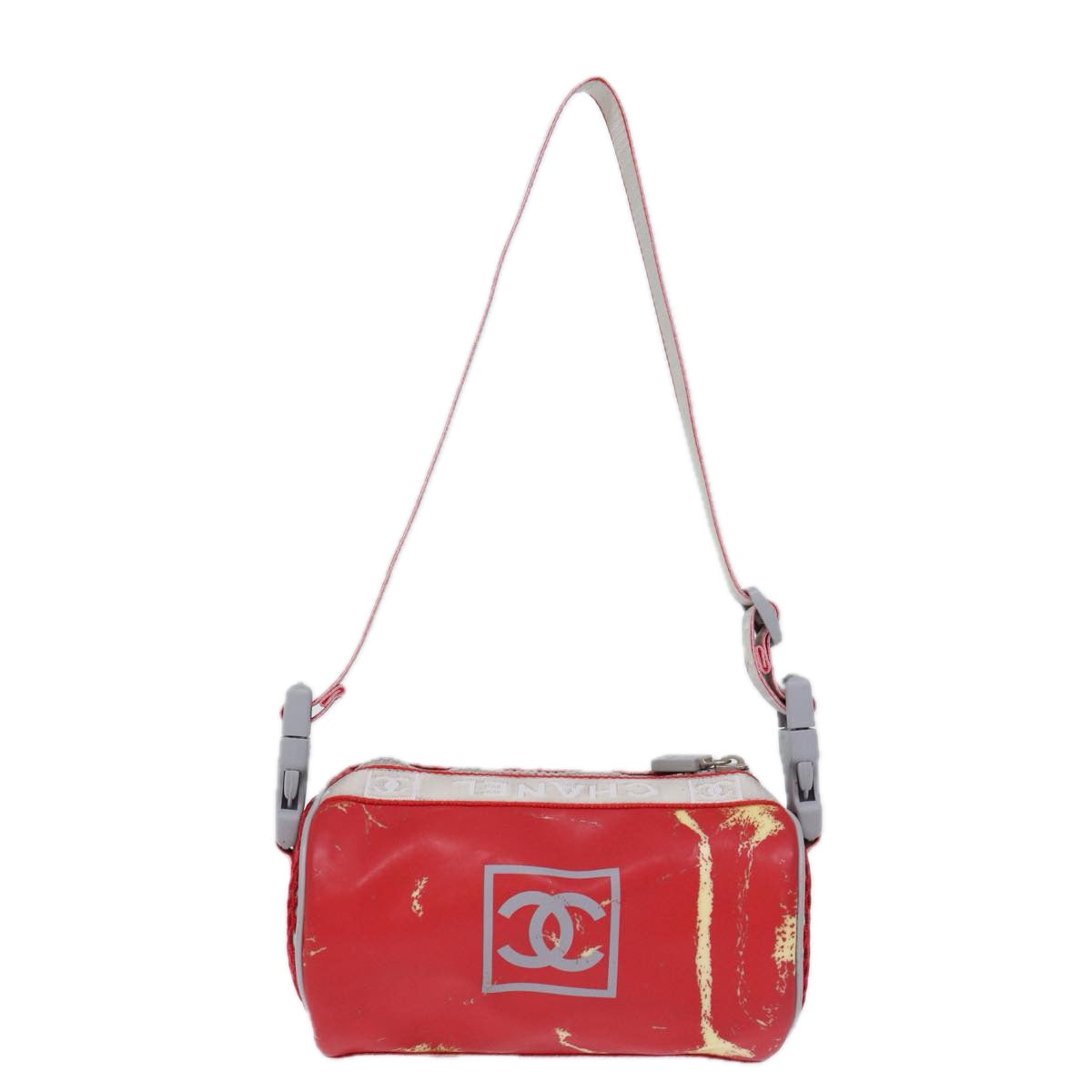 CHANEL Mini Drum Shoulder Bag Patent leather Red Navy CC Auth bs13507