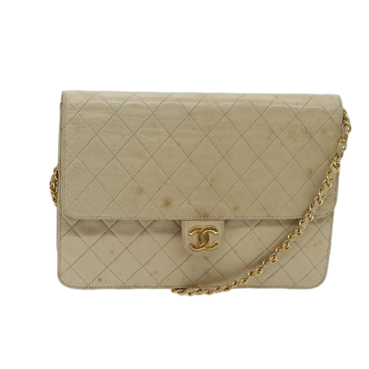 CHANEL Matelasse Chain Shoulder Bag Lamb Skin Beige CC Auth bs13510