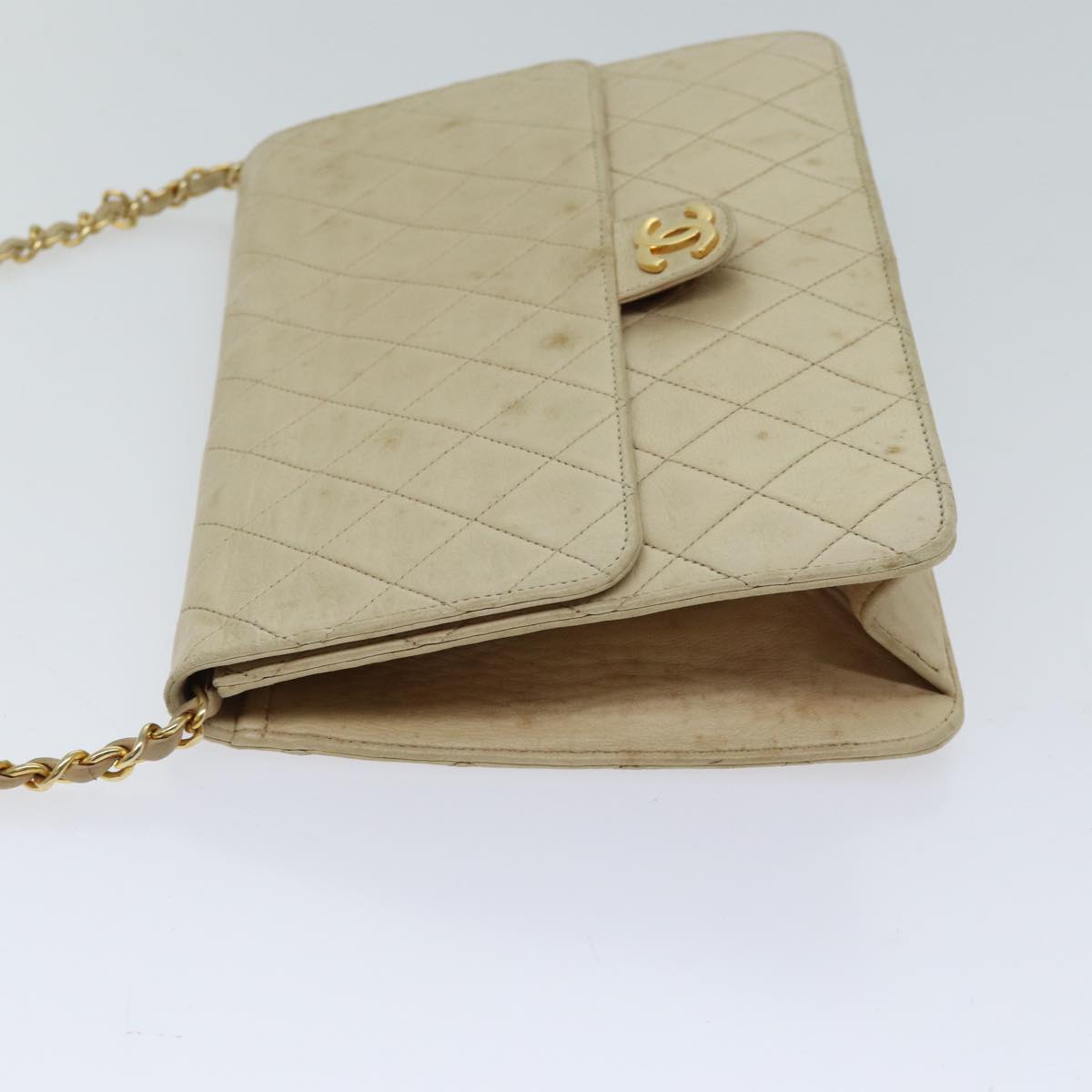 CHANEL Matelasse Chain Shoulder Bag Lamb Skin Beige CC Auth bs13510