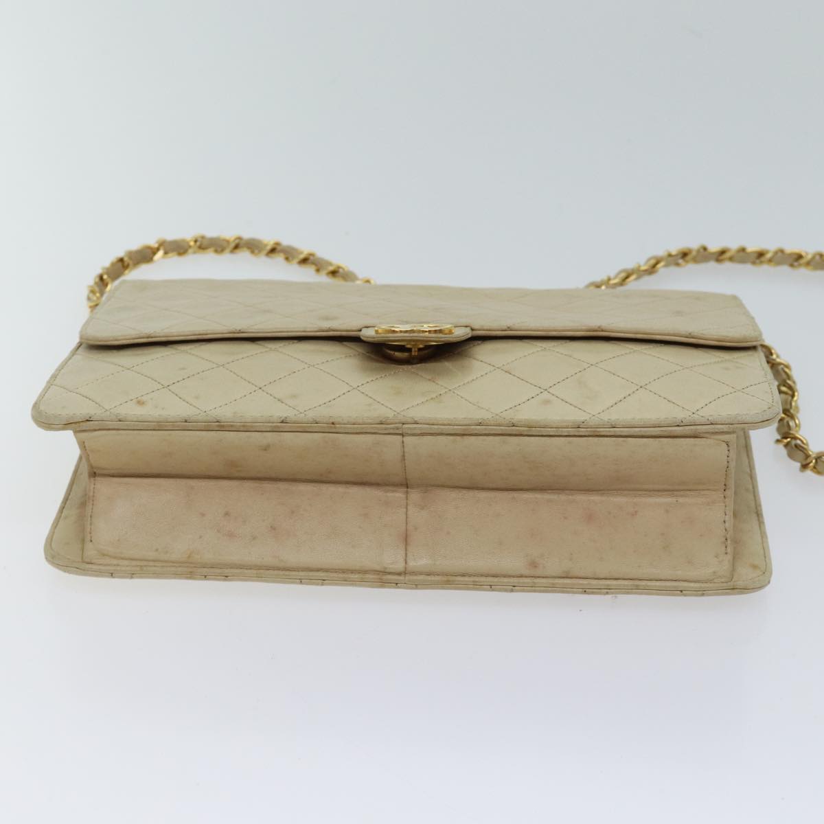 CHANEL Matelasse Chain Shoulder Bag Lamb Skin Beige CC Auth bs13510