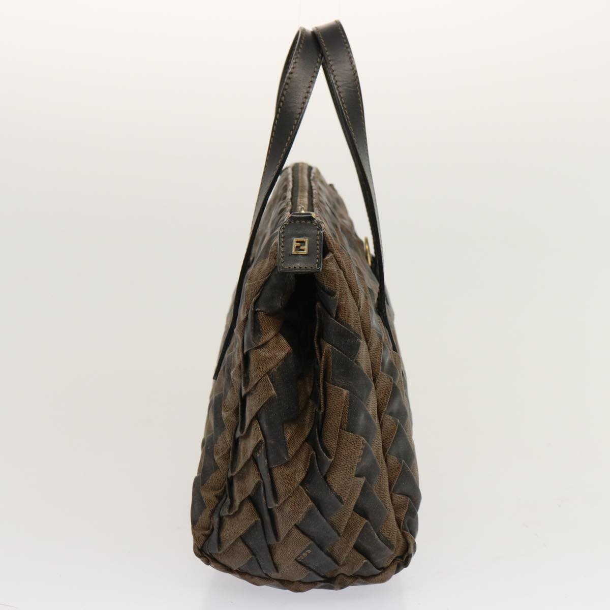 FENDI Pecan Canvas Hand Bag Brown Black Auth bs13516