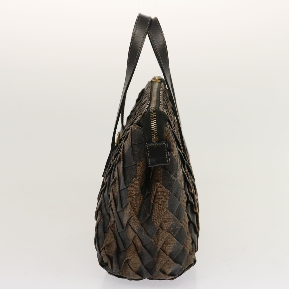 FENDI Pecan Canvas Hand Bag Brown Black Auth bs13516