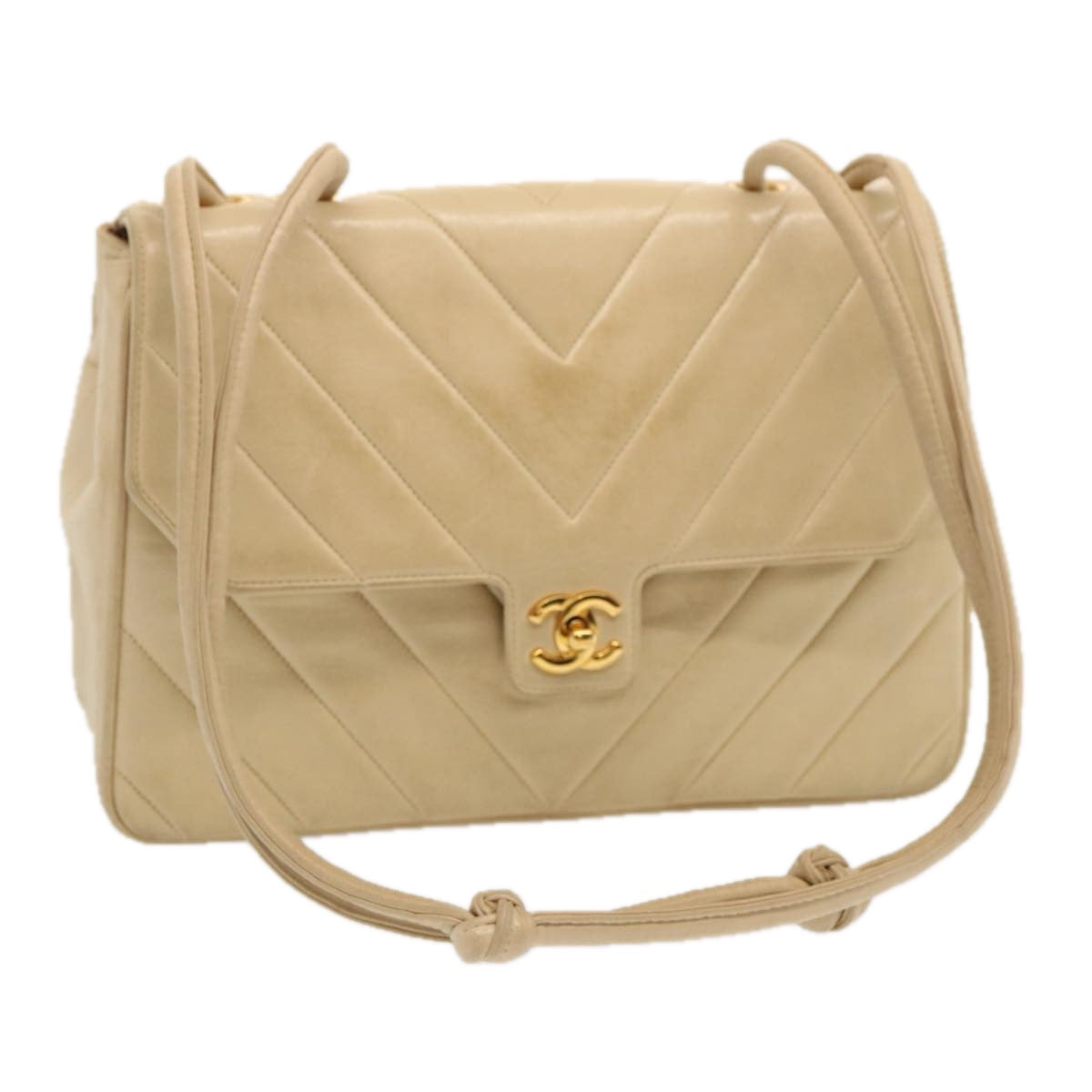 CHANEL Turn Lock Chain V Stitch Shoulder Bag Lamb Skin Beige CC Auth bs13517