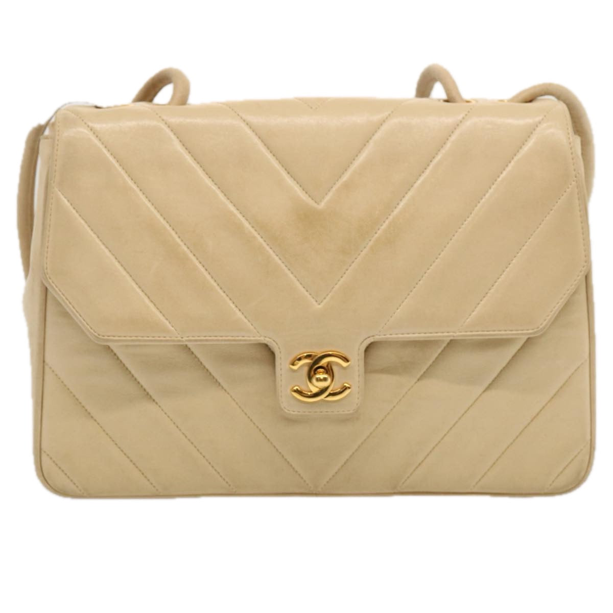 CHANEL Turn Lock Chain V Stitch Shoulder Bag Lamb Skin Beige CC Auth bs13517