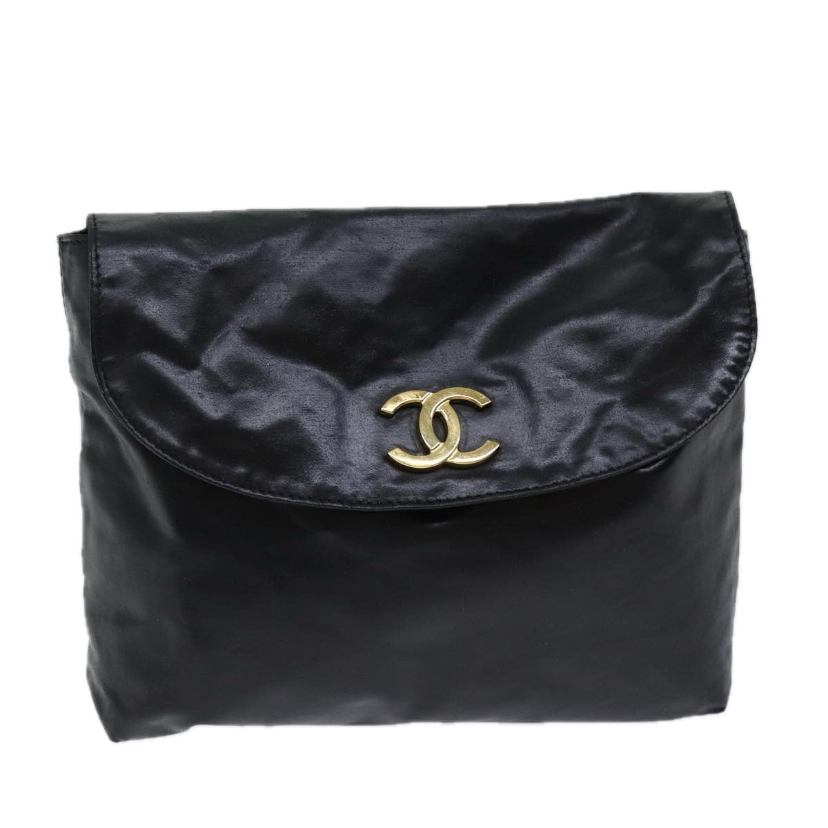 CHANEL COCO Mark Pouch Patent leather Black CC Auth bs13539