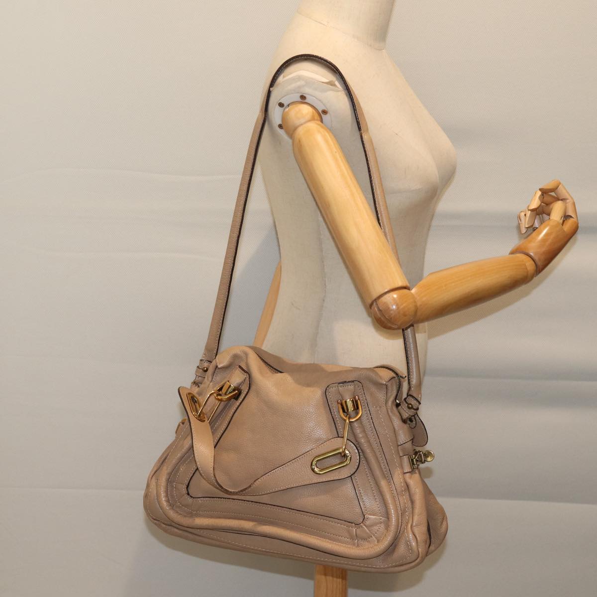 Chloe Paraty Shoulder Bag Leather 2way Beige Auth bs13559