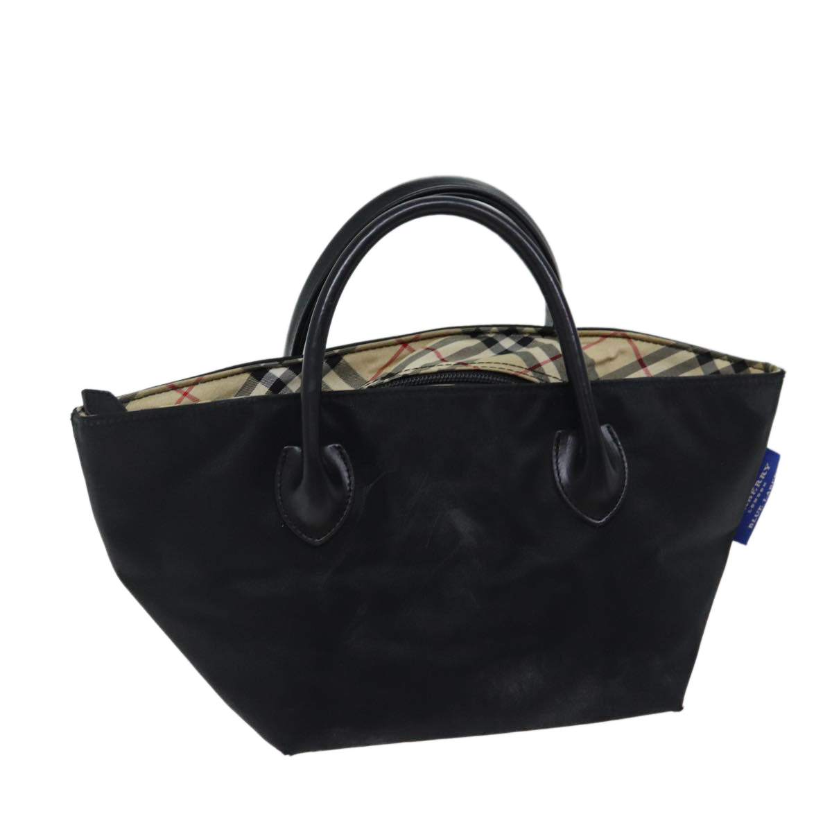 BURBERRY Nova Check Blue Label Hand Bag Nylon Black Beige Auth bs13576