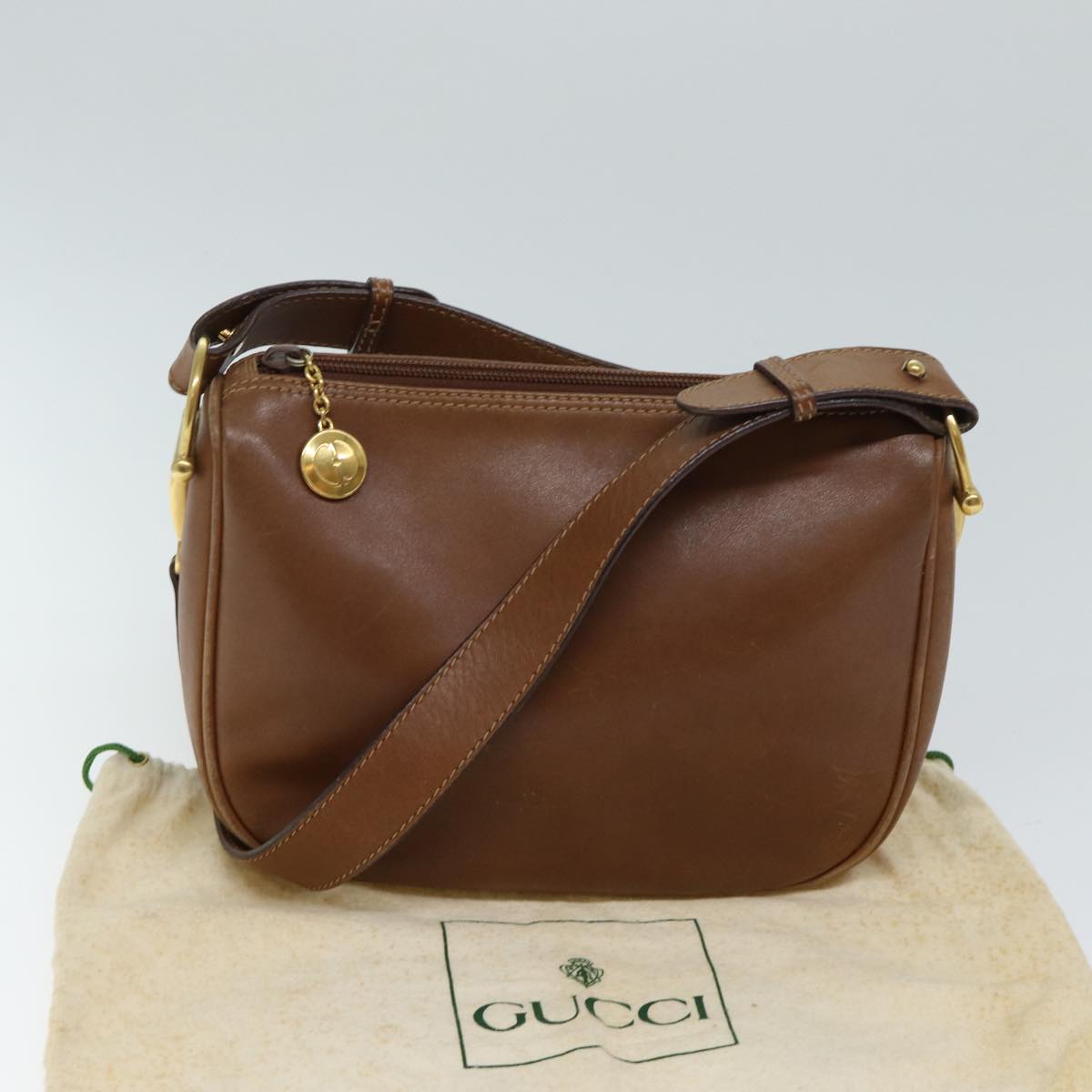 GUCCI Horsebit Shoulder Bag Leather Brown Auth bs13592