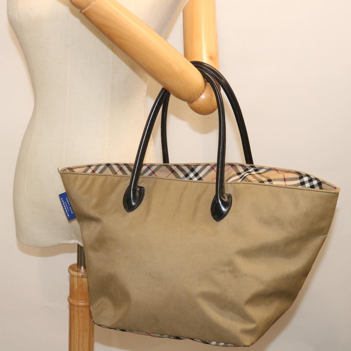 BURBERRY Nova Check Blue Label Tote Bag Nylon Beige Auth bs13607