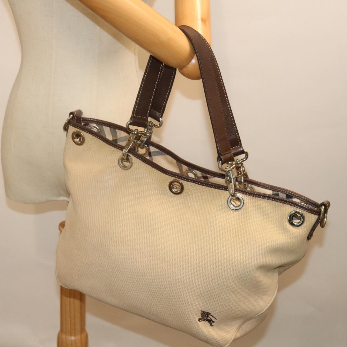 BURBERRY Blue Label Hand Bag Canvas Beige Auth bs13611