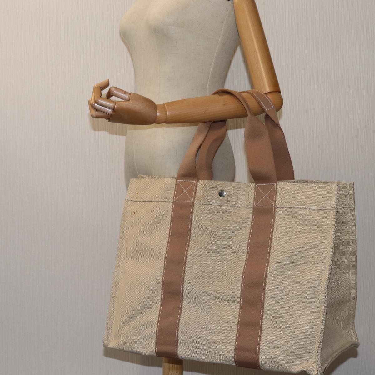 HERMES Bora Bora GM Tote Bag Canvas Beige Auth bs13621