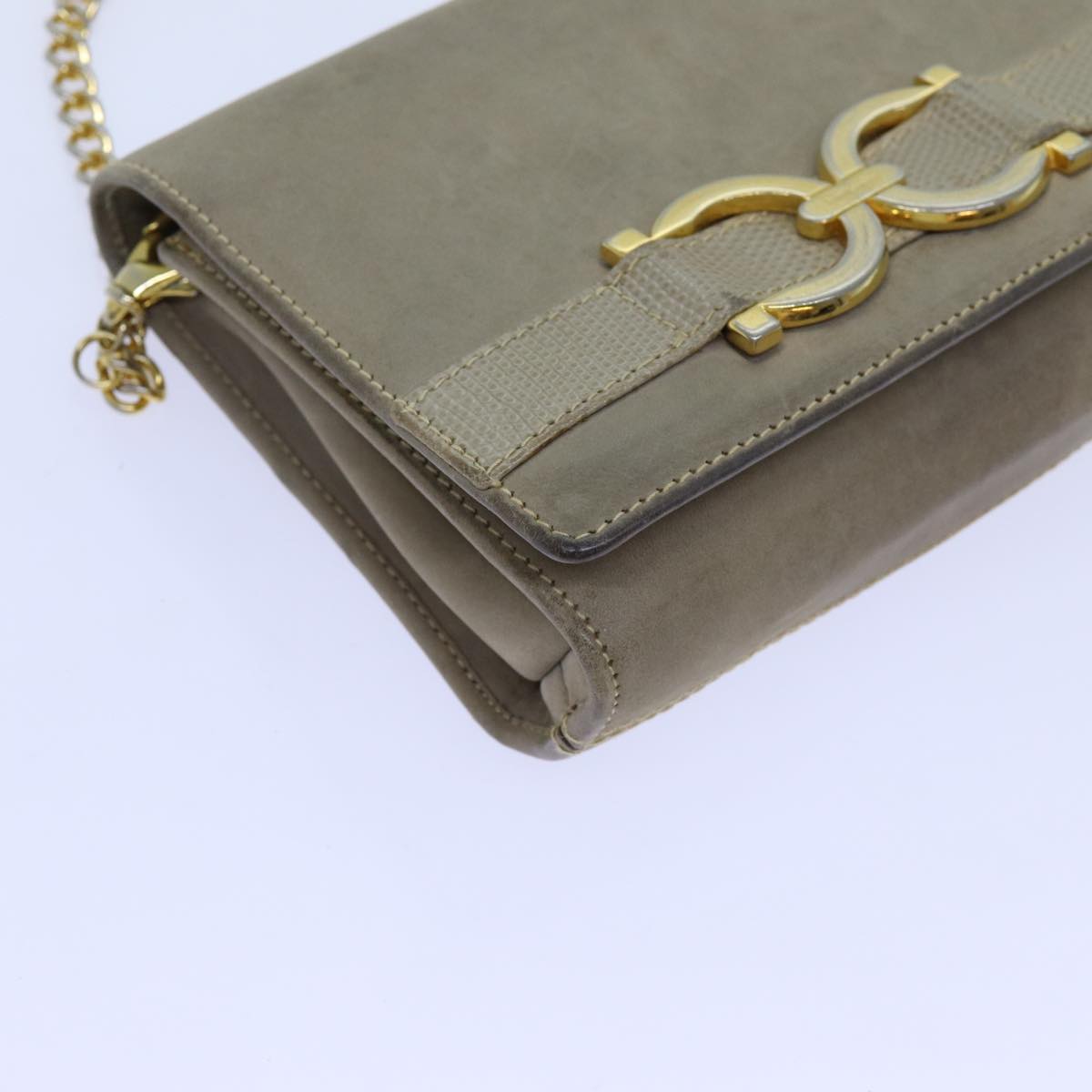 Salvatore Ferragamo Chain Shoulder Bag Leather Beige Auth bs13668