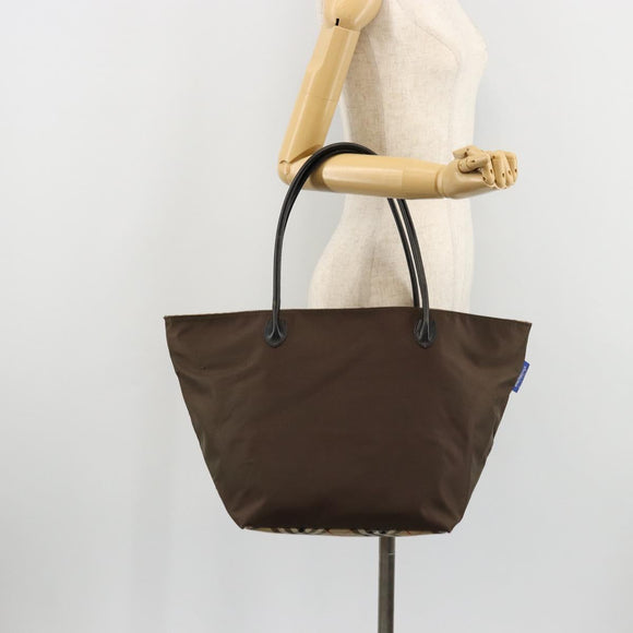 Burberrys Nova Check Blue Label Hand Bag Nylon Brown Black Auth bs13689