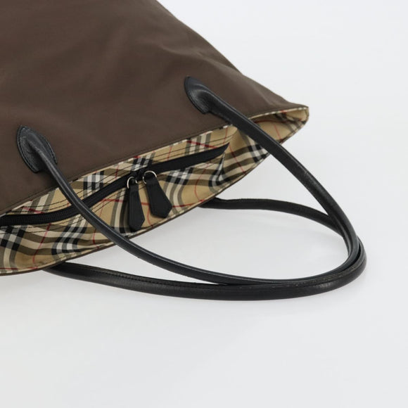 Burberrys Nova Check Blue Label Hand Bag Nylon Brown Black Auth bs13689