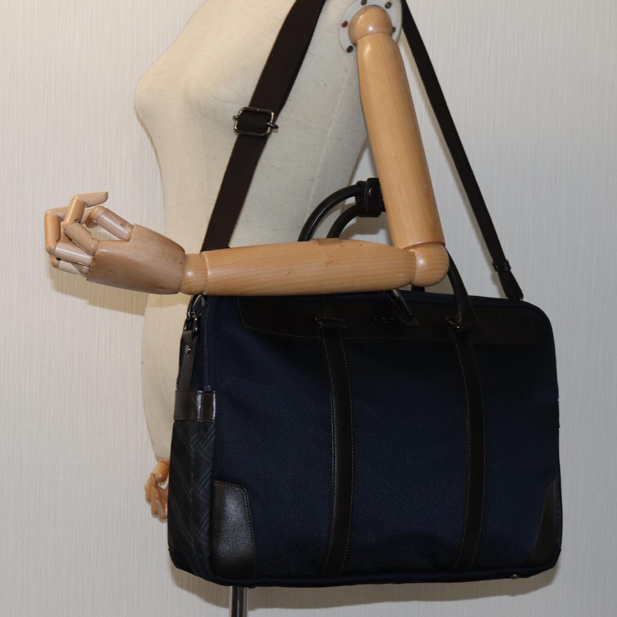 BURBERRY Blue Label Hand Bag Nylon 2way Navy Brown Auth bs13720