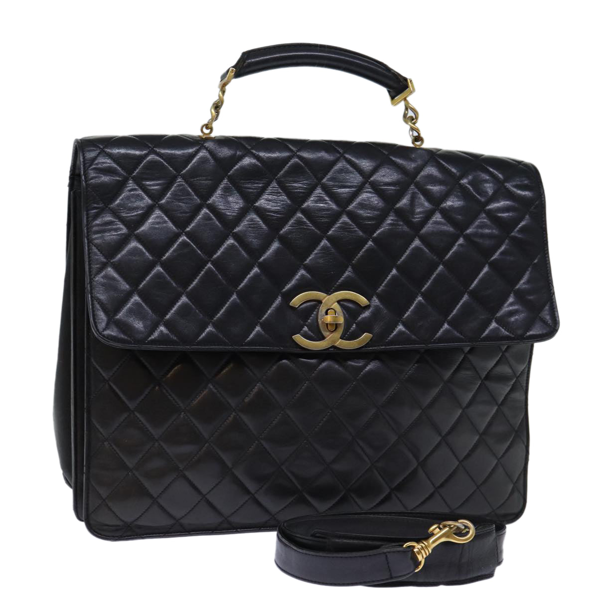 CHANEL Matelasse Hand Bag Leather 2way Black CC Auth bs13763