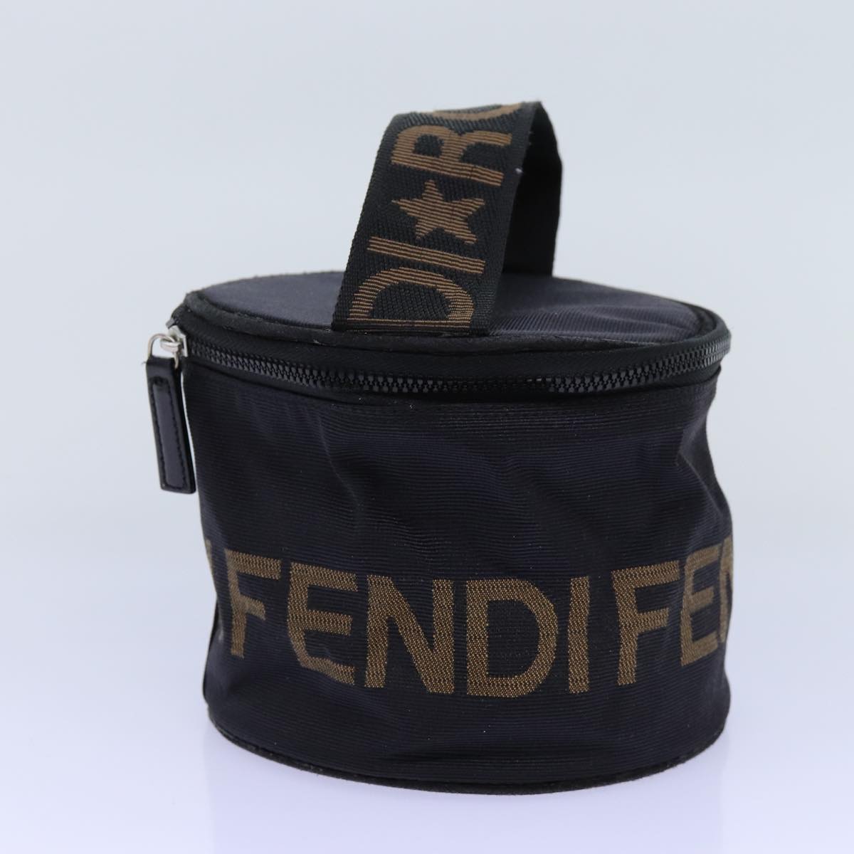 FENDI Vanity Pouch Nylon Black Brown Auth bs13785