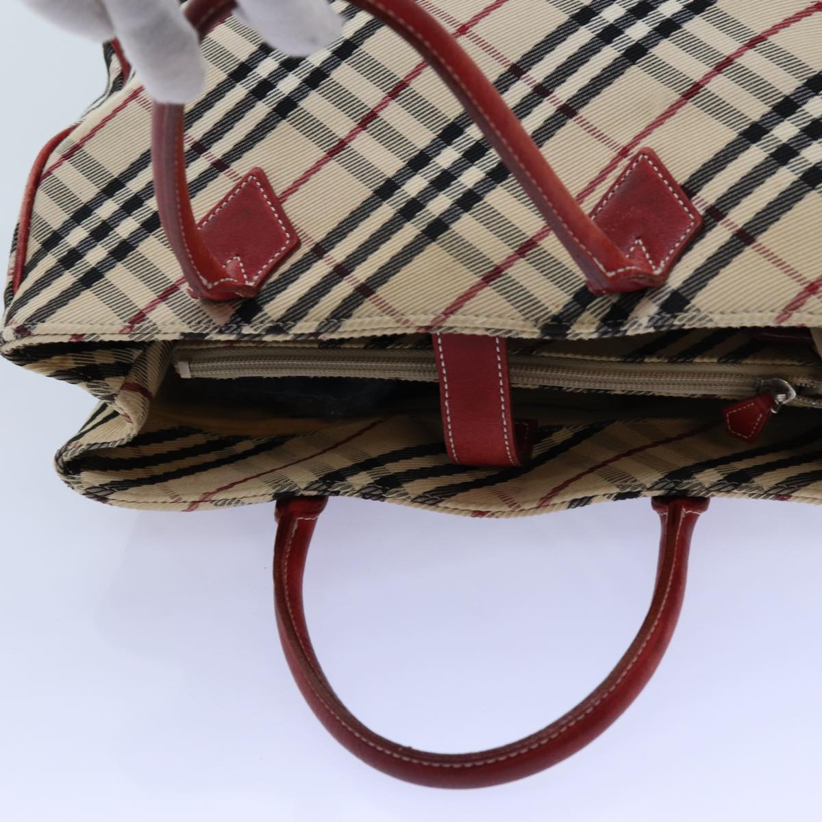 BURBERRY Nova Check Blue Label Hand Bag Canvas Beige Red Auth bs13814