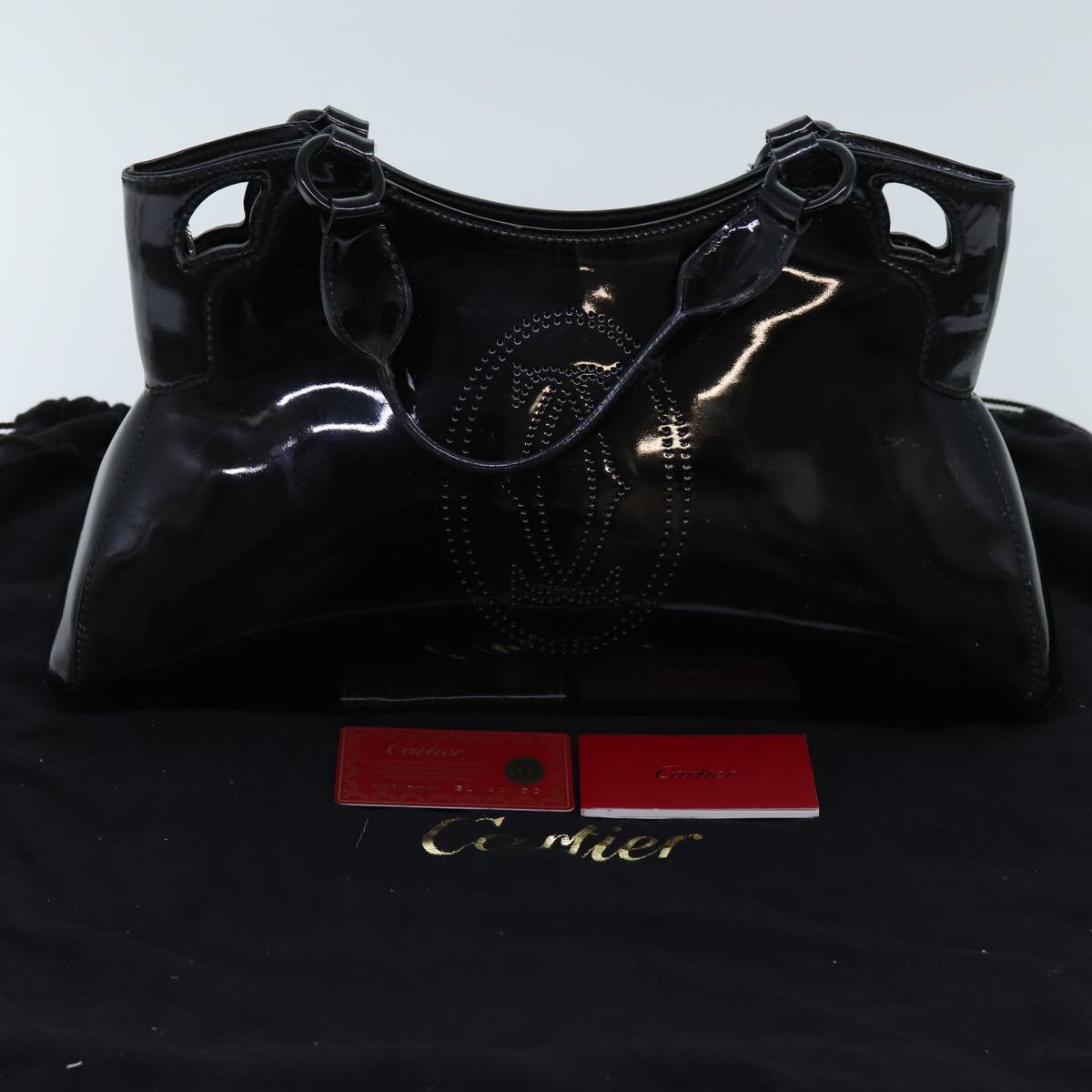 CARTIER Hand Bag Enamel Black Auth bs13851