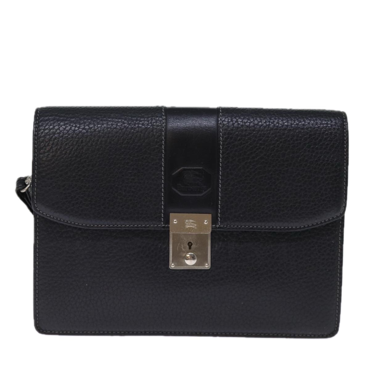 Burberrys Clutch Bag Leather Black Auth bs13915